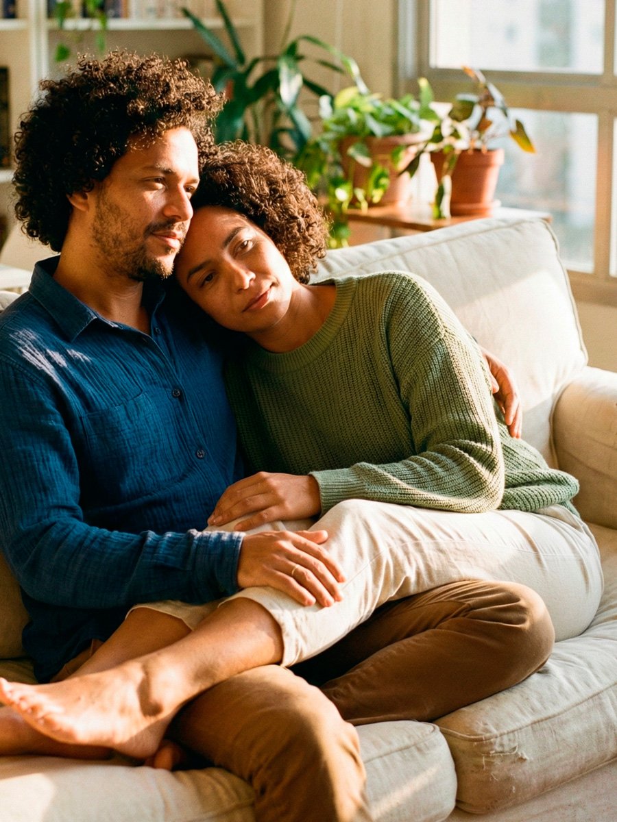Casal abraçado sentado no sofá refletindo sobre sua terapia de casal em São Paulo