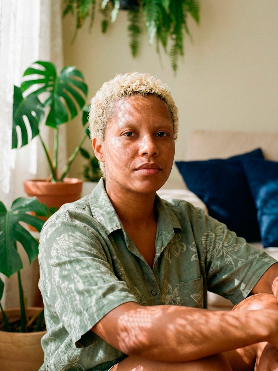 Pessoa negra com cabelo loiro sentada procurando psicólogo LGBTQIA+ em São Paulo