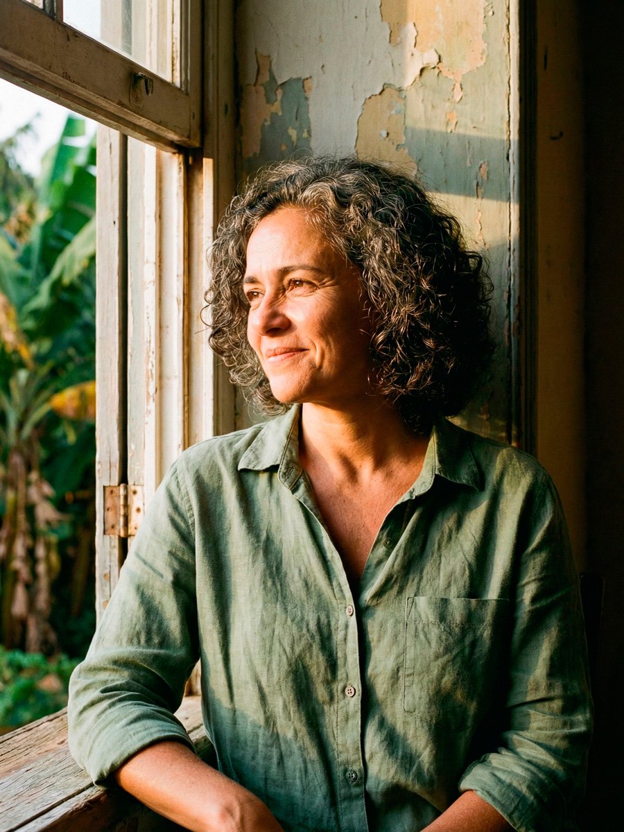 Uma mulher de meia idade apoiada na janela, pensando em uma terapia para mulheres