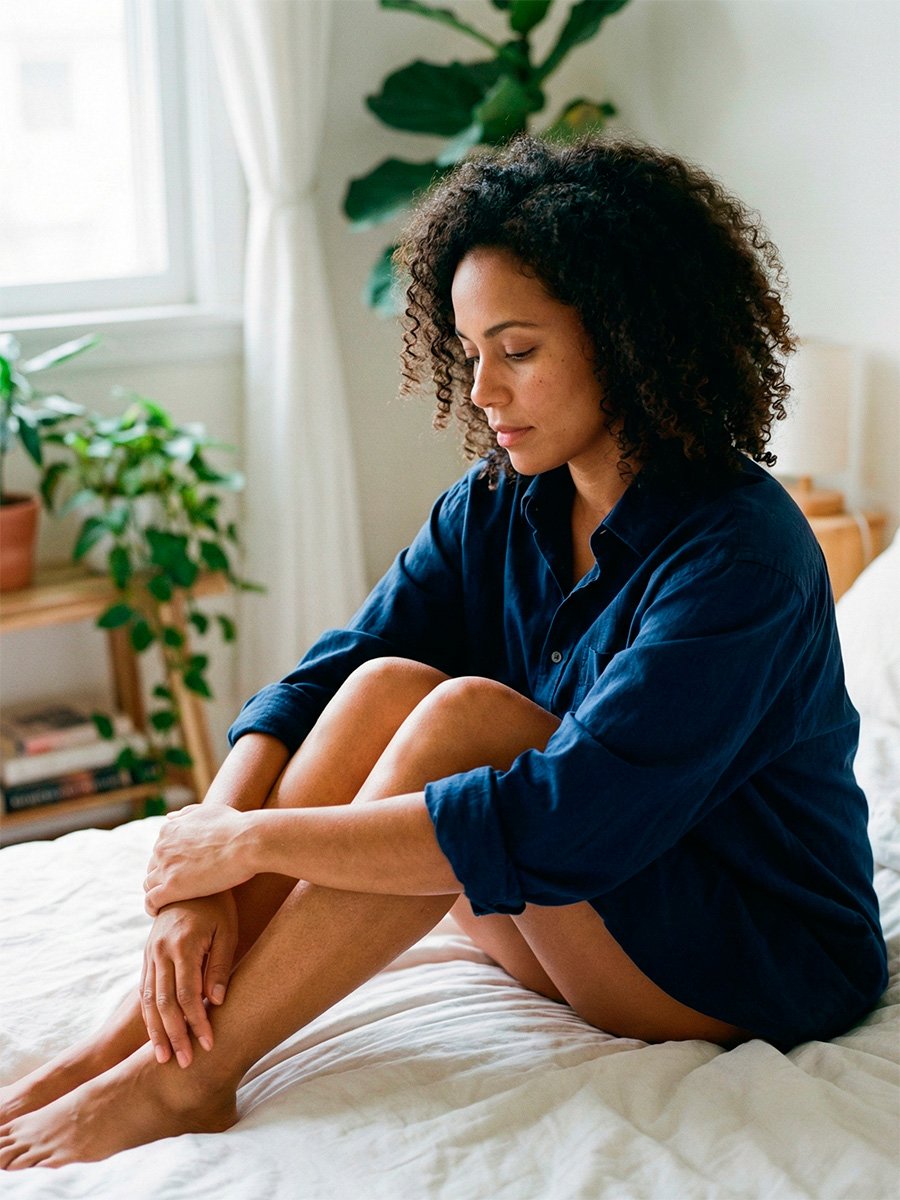 Mulher sentada na cama pensando em sua terapia sexual em São Paulo